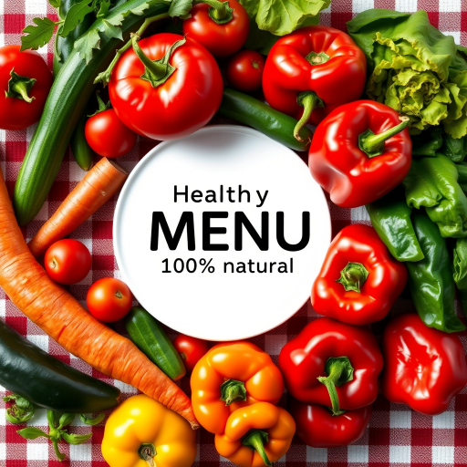 Create an overhead shot of a colorful arrangement of fresh vegetables including tomatoes, cucumbers, a carrot, and an assortment of peppers on a checkered tablecloth, with a blank white plate in the center displaying the text "Healthy Food MENU 100% natural"; use a 50mm lens, f/2.8 aperture, ISO 100, and natural lighting for a vibrant and inviting aesthetic.
