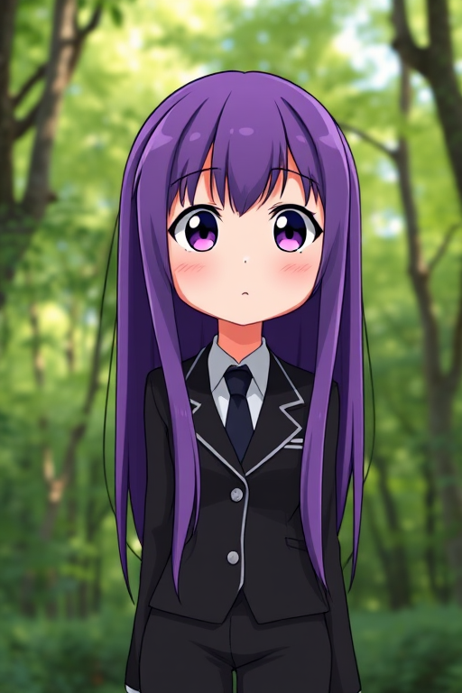 Generate an animated character of a girl with long purple hair wearing a black suit, standing in a lush green forest background with a surprised expression, captured with a DSLR camera at f/2.8, ISO 100, 50mm lens, with a vibrant color style.