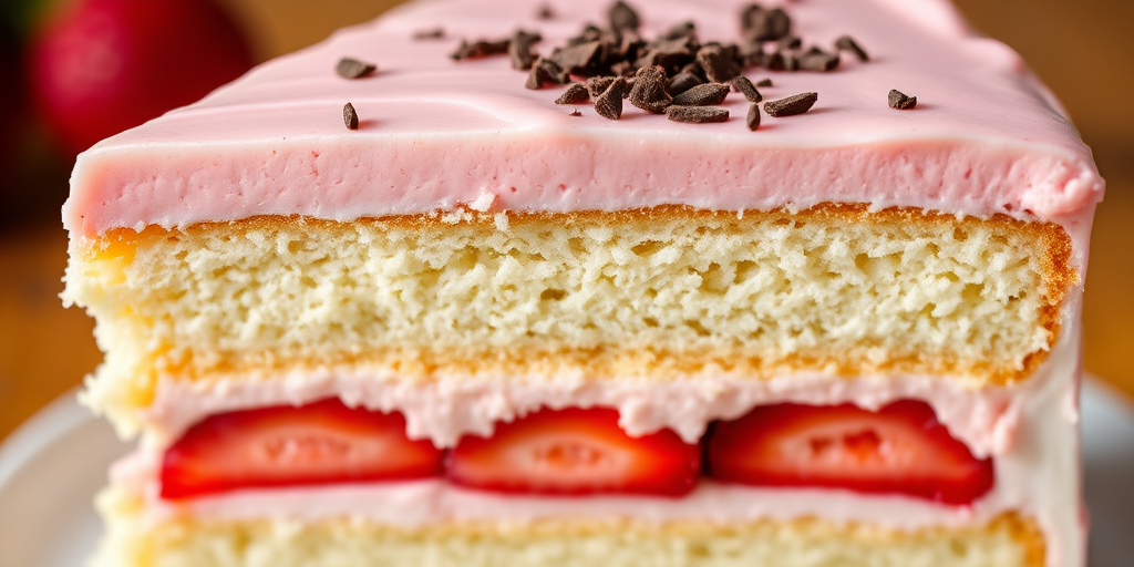 A close-up slice of a layered cake showcasing soft sponge layers filled with strawberries and pink frosting, topped with a light glaze and chocolate shavings, with a focus on its moist texture and vibrant colors.