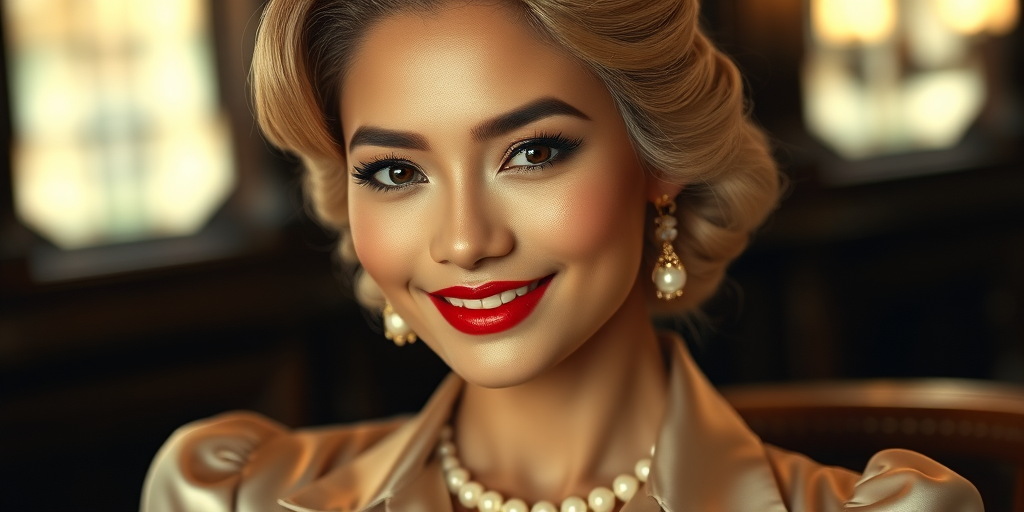 A beautiful Burmese woman reminiscent of 1950s Hollywood glamour, with perfectly styled blonde hair and a seductive smile, dressed in a satin blouse and adorned with pearls, soft and warm tones, photorealistic, 8K