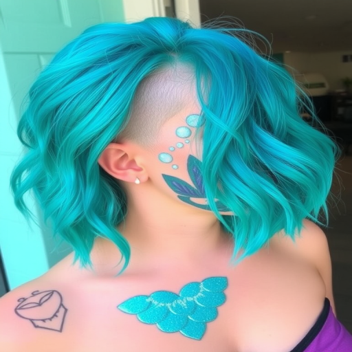 Playful turquoise bob cut called "Mermaid's Mischief" boasts choppy layers and beachy waves, accented with shimmering scales painted onto the undercut design