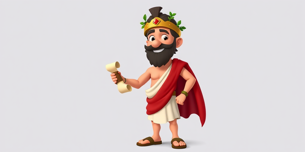 Create a cartoonish character of a Roman with sandals and a toga, wearing a laurel wreath, holding a scroll, shot with a Canon EOS R5 at f/2.8, ISO 100, 50mm lens, bright lighting, full body view, vibrant colors and a clean background.