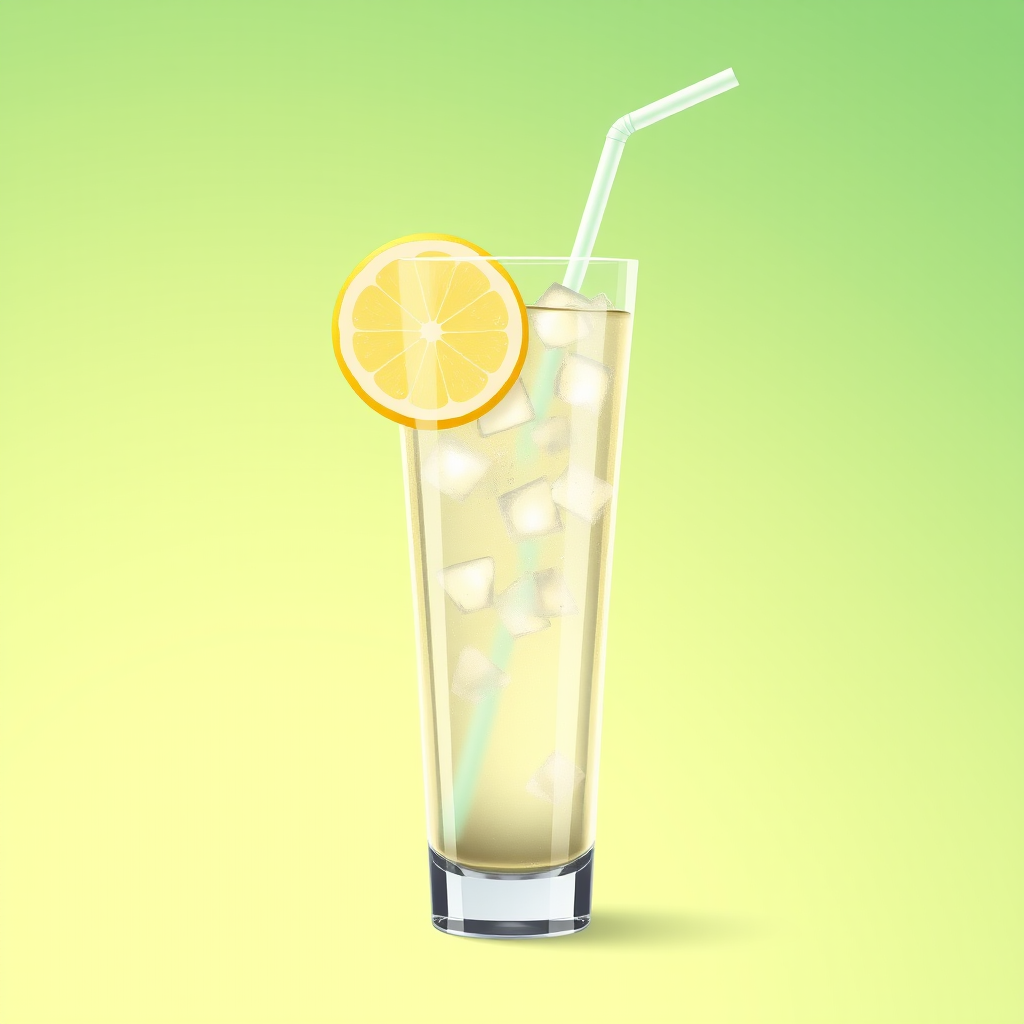 Create a high-resolution digital illustration of a tall glass filled with refreshing clear beverage, featuring a lemon slice on the rim and a straw, using a soft focus camera style with an aperture of f/2.8, ISO 100, and a 50mm lens, set against a smooth gradient background transitioning from light to dark green.