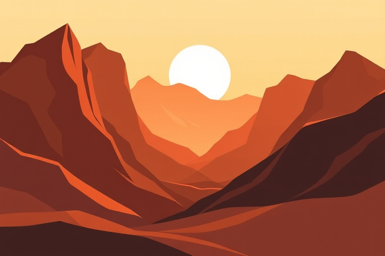Generate a stylized landscape illustration featuring abstract mountains and a sun, with warm earthy tones and smooth shapes, using a DSLR camera with a 50mm lens, aperture set to f/8, ISO 200, shot from a panoramic view to enhance depth and clarity.