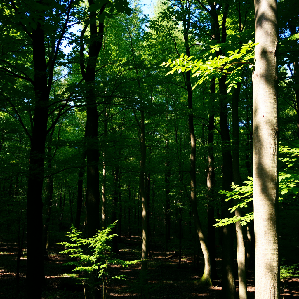forest landscape with dense trees and dappled sunlight filtering through leaves, taken with a DSLR camera at f/4 aperture, ISO 100, 1/250 shutter speed, 24mm lens, capturing a wide-angle view for depth and detail.