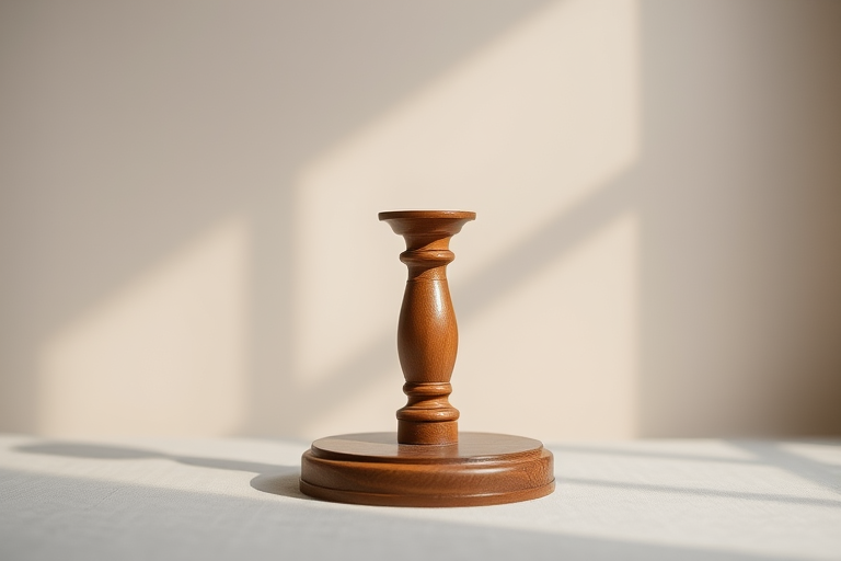 Generate a high-quality image of a vintage wooden candlestick holder on a neutral background, using a DSLR camera with a 50mm lens, aperture set at f/2.8 for a shallow depth of field, ISO 100, and a soft, diffused natural light to enhance texture and color.