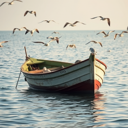 Regenerate an image of a weathered boat in calm water, surrounded by seagulls, using a Canon EOS R with a 50mm lens, settings: f/2.8, ISO 100, shutter speed 1/250 sec, soft natural lighting, focus on the boat and birds, shallow depth of field for enhanced background blur.