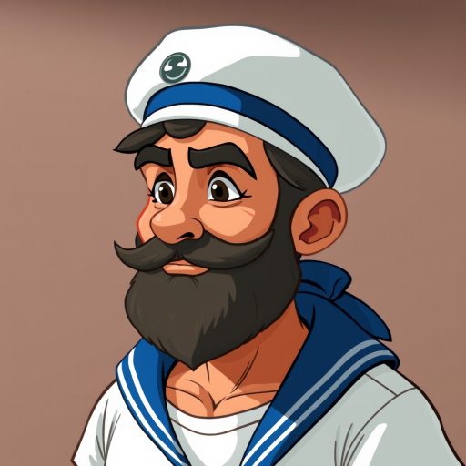 Create a digital illustration of a sailor character with a cartoonish style, featuring a white peaked cap, blue scarf, and a detailed beard, using a Canon EOS R5 with a 50mm lens, aperture set to f/2.8, ISO 100, natural lighting for enhanced clarity and vibrancy.