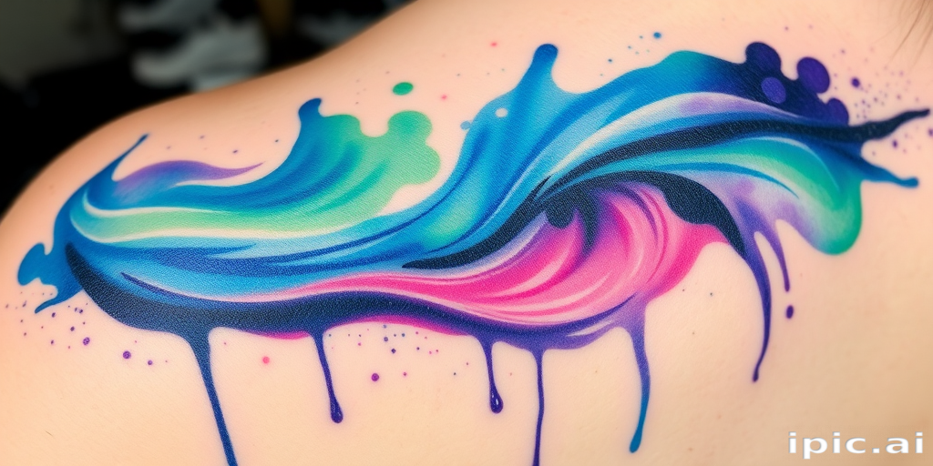 Watercolor splash tattoo called "Aurora Dreams" depicting the vibrant colors of the Northern Lights swirling across the skin in a mesmerizing display of blues, greens, and purples, with delicate splatters and drips creating a dreamy, ethereal effect