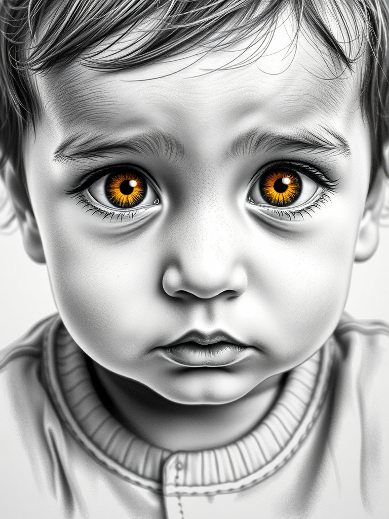 A hyperdetailed photorealistic black and white sketch of a beautiful toddler with deep Yellow eyes, with a macro focus