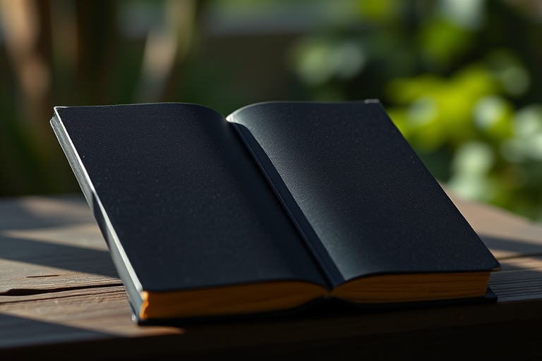Create a high-resolution image of a closed black book positioned at a slight angle, using a DSLR camera with a 50mm lens, aperture set to f/2.8 for a shallow depth of field, ISO 100, and natural lighting to enhance shadows and highlights.