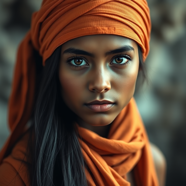 Create a portrait of a young Taino female with long, dark hair and captivating hazel eyes. She is wearing a orange headscarf and a matching scarf draped gracefully around her neck. The background is softly blurred, focusing attention on her serene and natural expression. The overall color palette is muted and warm, enhancing the intimate and authentic feel of the portrait.