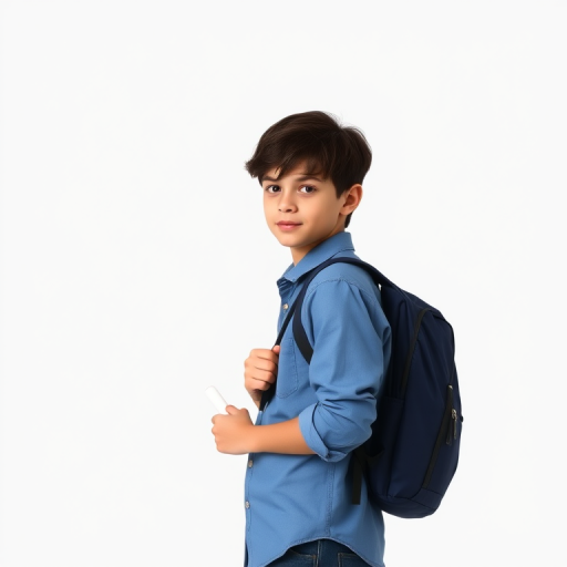 A young person with no facial features standing confidently, wearing a blue shirt with rolled-up sleeves, holding a white object, and carrying a dark blue backpack, shot with a Canon EOS R5, aperture f/2.8, ISO 100, 50mm focal length, in a portrait mode against a plain background.