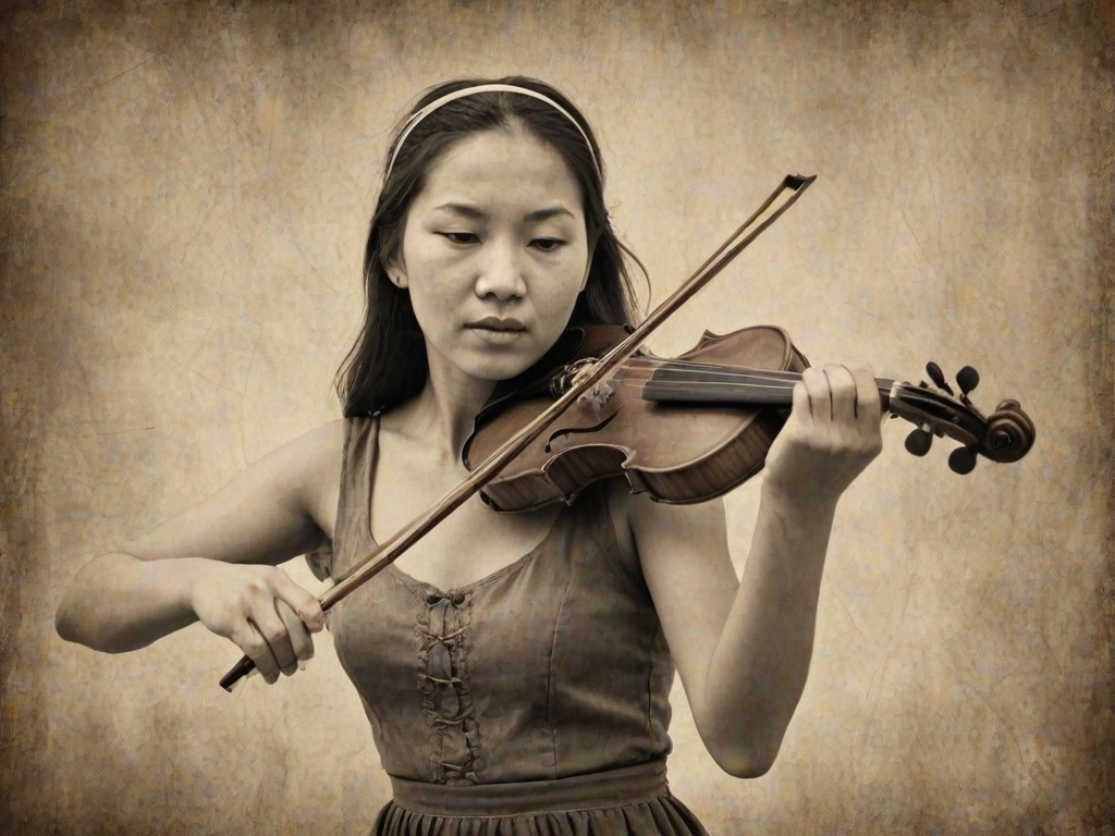 a young Kyrgyz woman with a white headband playing a violin, in the style of a charcoal drawing, sepia grunge background