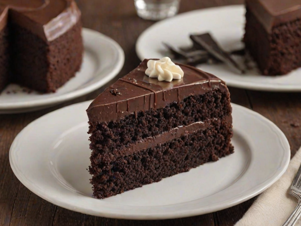 Generate an image of a rich, moist chocolate cake slice on a white plate. The cake should have a dark, glossy frosting and a dense, fluffy texture, showcasing its layers and chocolate richness. The background should be simple and unobtrusive, highlighting the cake as the main focus.