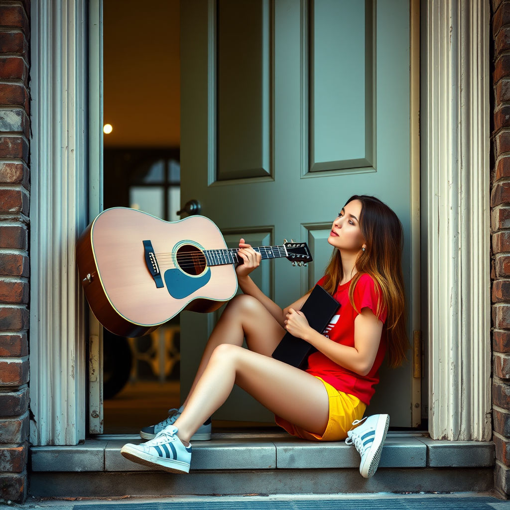 Ultra-realistic and very detailed image, high resolution and definition of a young woman, a rocker. She's sitting on the step of a doorway, with one leg stretched out, playing an acoustic guitar. The young woman is wearing a red T-shirt and yellow shorts. Adidas trainers. The door is glazed and mirrors the street.