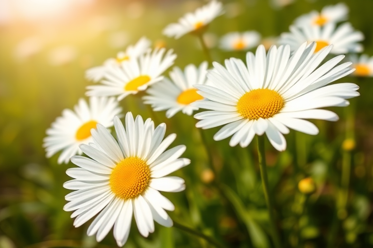 Capture a close-up of white daisies with yellow centers in a sunny field, using a DSLR camera with a 50mm lens at f/2.8, 1/200s shutter speed, ISO 100, natural light, shallow depth of field to blur the background for enhanced detail and color vibrancy.