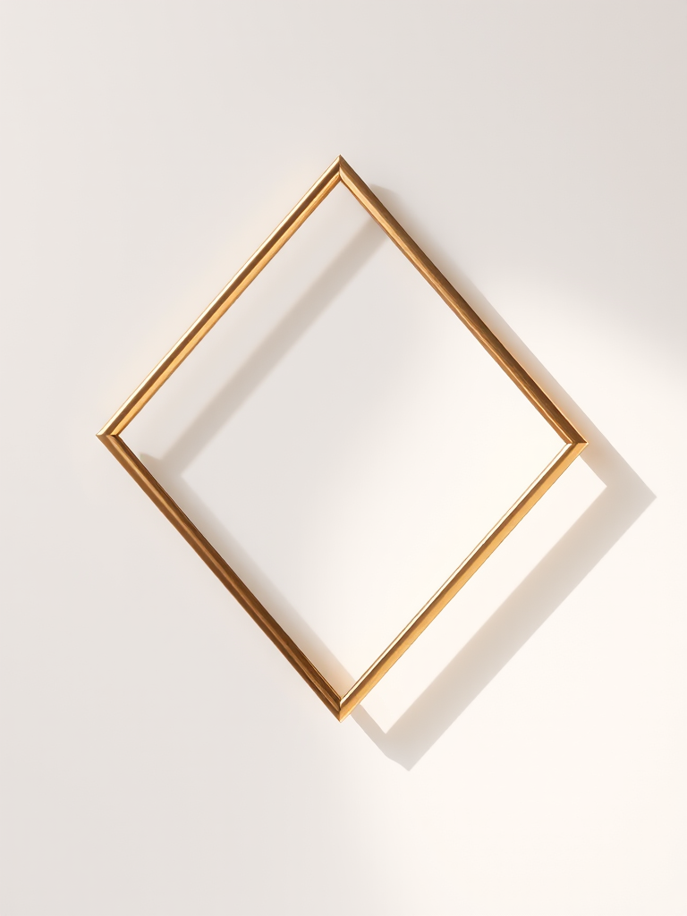 create a high-resolution image of a diamond-shaped golden frame with a glossy surface under soft lighting, using a DSLR camera with a 50mm lens, aperture f/2.8, ISO 100, shot from a frontal view with a shallow depth of field to enhance clarity and focus on the frame.