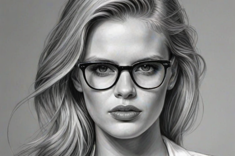 Ravishing Lara Stone, pencil sketch, portrait of Stunning woman 1921s in glasses, hair style beatnik, outline, clear lines, fine lines, 8k