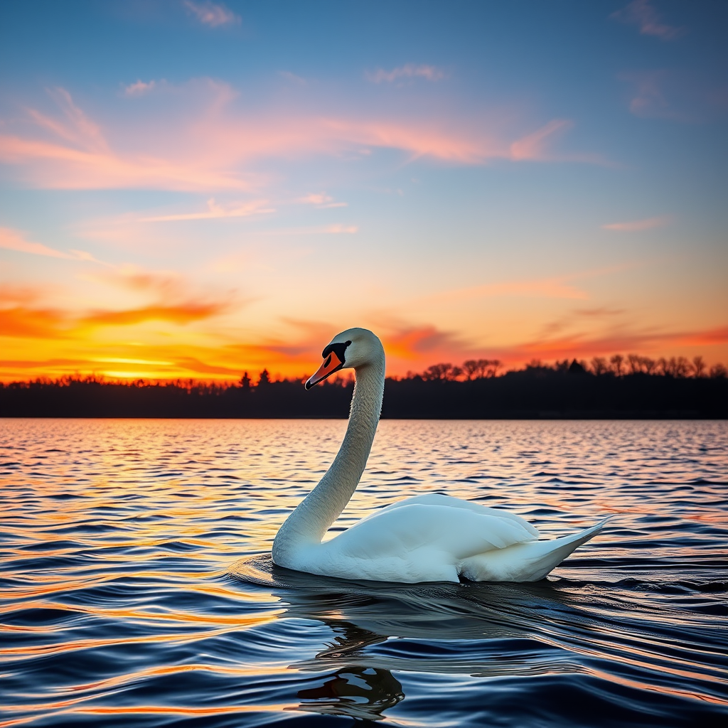 Create a high-resolution image of a graceful swan gracefully gliding on a shimmering lake during sunset with vibrant colors in the background, using a Canon EOS 5D Mark IV, 50mm lens, aperture f/2.8, shutter speed 1/200s, and ISO 200 for optimal clarity and detail.