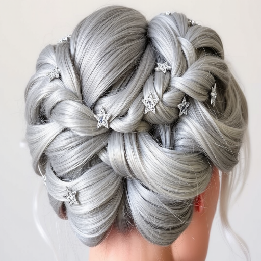 Silvery gray hair artfully arranged in an intricate updo featuring twisting braids and shimmering, star-shaped accessories, capturing the essence of the "Celestial Crown" style