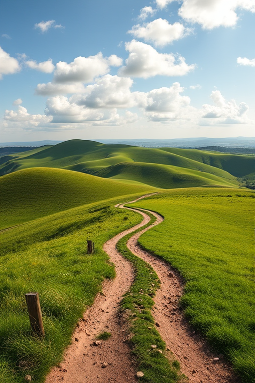 Generate a vibrant landscape image of rolling green hills under a partially cloudy sky with a winding dirt path, using a DSLR camera with a 24mm lens, f/8 aperture for depth of field, ISO 100 for clarity, and a slightly elevated viewpoint to capture the expansive scenery.