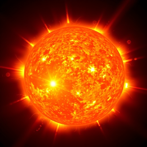 Generate a highly detailed image of the sun with intense solar flares and vibrant colors, using a Canon EOS R5, 35mm lens, f/8 aperture, ISO 100, 1/2000s shutter speed, in a close-up view with high dynamic range to enhance brightness and contrast.