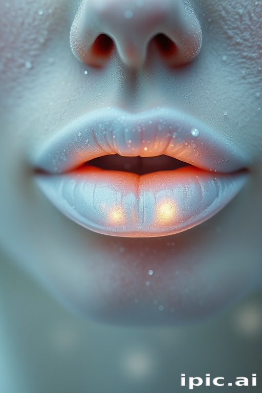Ethereal pearlescent white lips with opalescent shimmer, otherworldly and captivating, evoking the essence of winter's frosty beauty