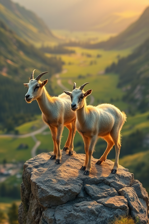Capture a high-resolution image of two young mountain goats standing on a rocky ledge overlooking a lush green valley, taken with a DSLR camera at f/5.6, 1/250 sec shutter speed, ISO 400, using a wide-angle lens to emphasize the landscape in a soft focus background, and aim for a golden hour lighting to enhance colors and shadows.