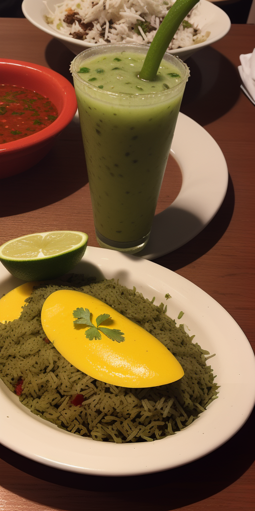 A Refreshing Meal Featuring Green Rice, Mango Slices, and a Mint Drink