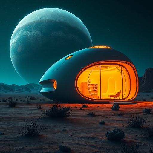 futuristic home on an alien landscape, with a glowing interior and a large planet in the background, shot with a Canon EOS R5, 24mm lens, aperture f/2.8, ISO 100, low angle view, HDR imaging for enhanced detail and color depth