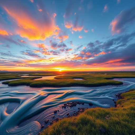 Create a detailed, high-resolution digital artwork of a serene landscape during sunset with vibrant colors, soft lighting, and flowing water reflections, captured with a DSLR camera at f/8 aperture, 1/125 sec shutter speed, ISO 100, using a wide-angle lens at 24mm for a panoramic view.