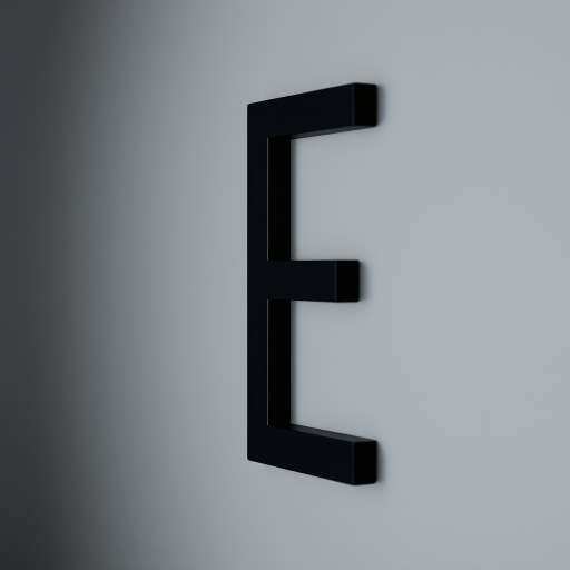 Generate a high-resolution image of a stylized letter "E" in black color, set against a gray background, captured with a Canon EOS R5 camera, 50mm lens, f/1.8 aperture, ISO 100, natural lighting, and a shallow depth of field.