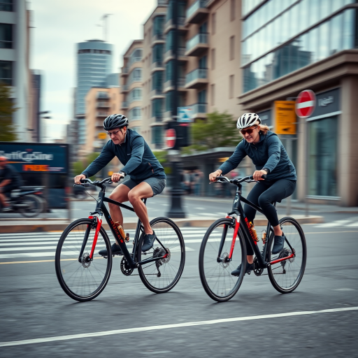 Regenerate the image of two cyclists riding on a city street, capturing dynamic action and urban surroundings with a Canon EOS R5, 50mm lens, aperture f/2.8, shutter speed 1/500s, ISO 200, shot from a slightly elevated angle for depth.