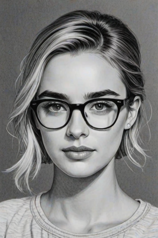 Elegant Katelyn Tarver, pencil sketch, portrait of Captivating woman 1964s in glasses, hair style beatnik, outline, clear lines, fine lines, 8k