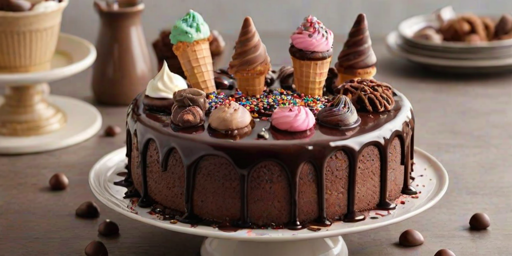 Create a delicious chocolate cake with a smooth chocolate ganache finish. Top the cake with two ice cream cones and an assortment of chocolate treats such as chocolate-covered donuts, chocolate bars, and waffle pieces. Add chocolate sprinkles and a few decorative elements for a festive touch.