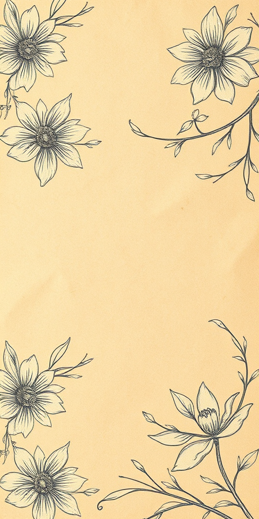 Create an aged paper texture background with floral patterns in pencil sketch style, using a Canon EOS 5D Mark IV, f/8 aperture, ISO 100, 50mm lens, taken from a top-down view for a detailed and clear appearance.