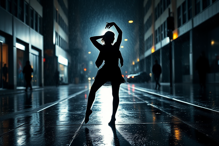 Create a high-contrast image of a dancer silhouetted against a bright light in a rain-soaked urban environment, using a DSLR camera with a 50mm lens at f/1.8, ISO 800, shutter speed 1/250s, in portrait orientation, with dramatic lighting to emphasize reflections on the wet surface.
