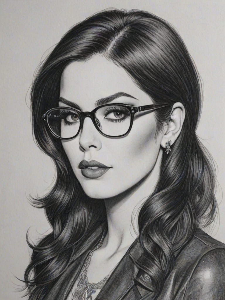 Dazzling Kat Von D, pencil sketch, portrait of Resplendent woman 1967s in glasses, hair style beatnik, outline, clear lines, fine lines, 8k