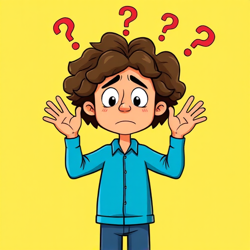 Create a vector illustration of a confused person with curly hair, standing with raised hands and question marks above their head, portrait view, bright colors, high detail, camera type: digital, camera style: cartoon, aperture: f/2.8, shutter speed: 1/60, ISO: 100.