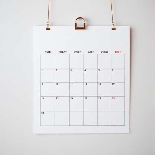 Create a high-resolution image of a blank wall calendar, top view, with a soft-focus background, using a DSLR camera at f/2.8 for shallow depth of field, ISO 100, and a focal length of 50mm.