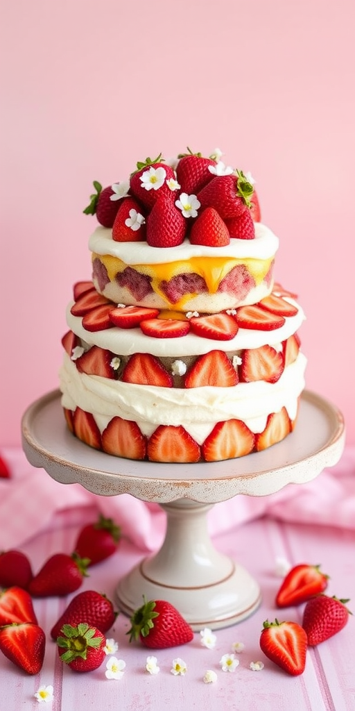 A three-tiered cake with layers of cream and strawberries decorated with fresh strawberries and tiny white flowers on top placed on a vintage cake stand with a light pink background and scattered strawberries and flowers around the base