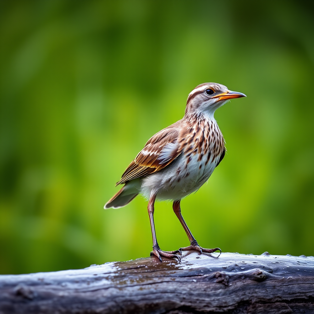 Capture a sharp, detailed image of a bird standing on a wet log, in light rain, using a DSLR camera with a 50mm lens, aperture f/2.8, shutter speed 1/500s, ISO 400, in a close-up view to emphasize the bird's features against a blurred, lush green background.
