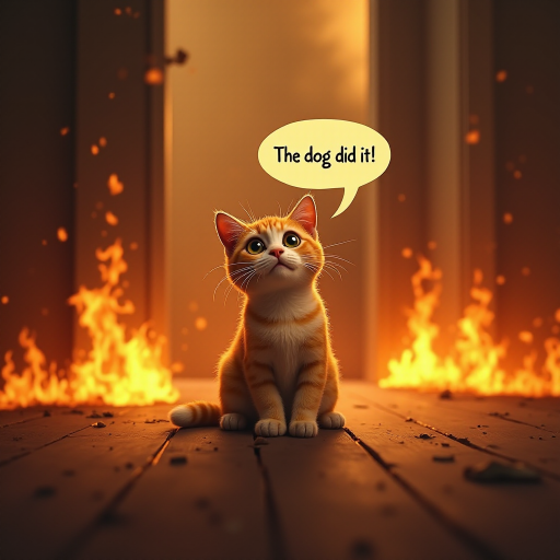 Photorealistic image of an innocent-looking cat sitting calmly in the middle of a burning room. Flames engulf the room, with fire licking up the walls and smoke filling the air. The cat is sitting on the floor, looking directly at the viewer with wide, innocent eyes. Above the cat, a speech bubble says "The dog did it!" The contrast between the cat's calm demeanor and the chaos around it creates a humorous and surreal scene.