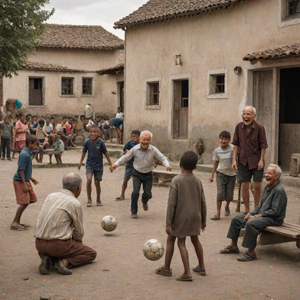 Children playing soccer in a small village square, their laughter filling the air, while old men sit on benches, watching the game unfold.