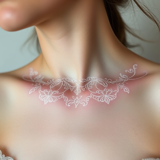 Ethereal white ink tattoo across the collarbone, depicting delicate lace patterns and intricate filigree designs that appear as a subtle, ghostly adornment