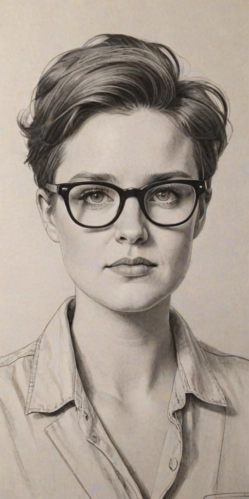 Stunning Hannah Gadsby, pencil sketch, portrait of Wonderful woman 1963s in glasses, hair style beatnik, outline, clear lines, fine lines, 8k