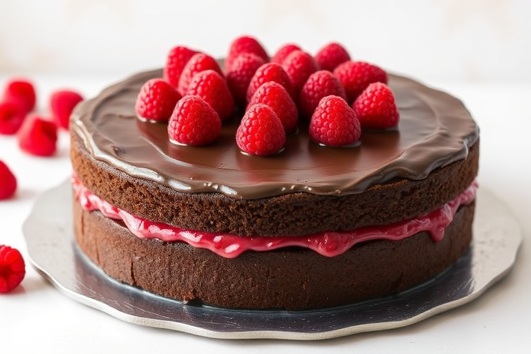 Chocolate cake with raspberry filling topped with fresh raspberries on a silver platter with a soft background.