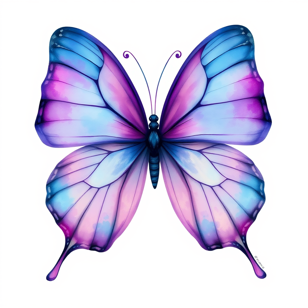 Create an artistic illustration of a butterfly with large wings. The wings should be a blend of vibrant purple and blue hues, featuring delicate swirls and splashes of watercolor effects. The background should be soft and light, enhancing the ethereal quality of the butterfly.