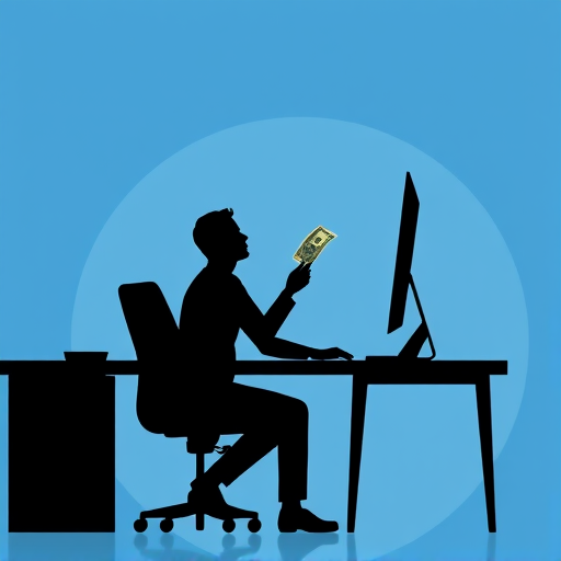 Create an illustration of a silhouette of a person at a desk receiving a dollar bill from a hand extending from a computer screen, with a simple blue background, using a Canon EOS 5D Mark IV, aperture f/4, ISO 100, 50mm lens, in a medium shot with a clean and minimalist style.